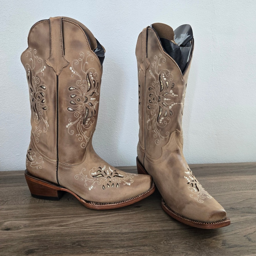 Tanner Mark Womens Leather Cowboy Boots with Shimmer Inlay Snip Toe Size 9 NWT